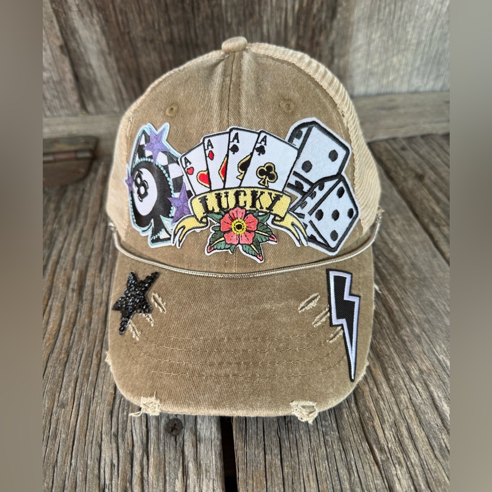 Tan Western Cowgirl Lucky cards, eight ball and dice iron on Patches Trucker Hat